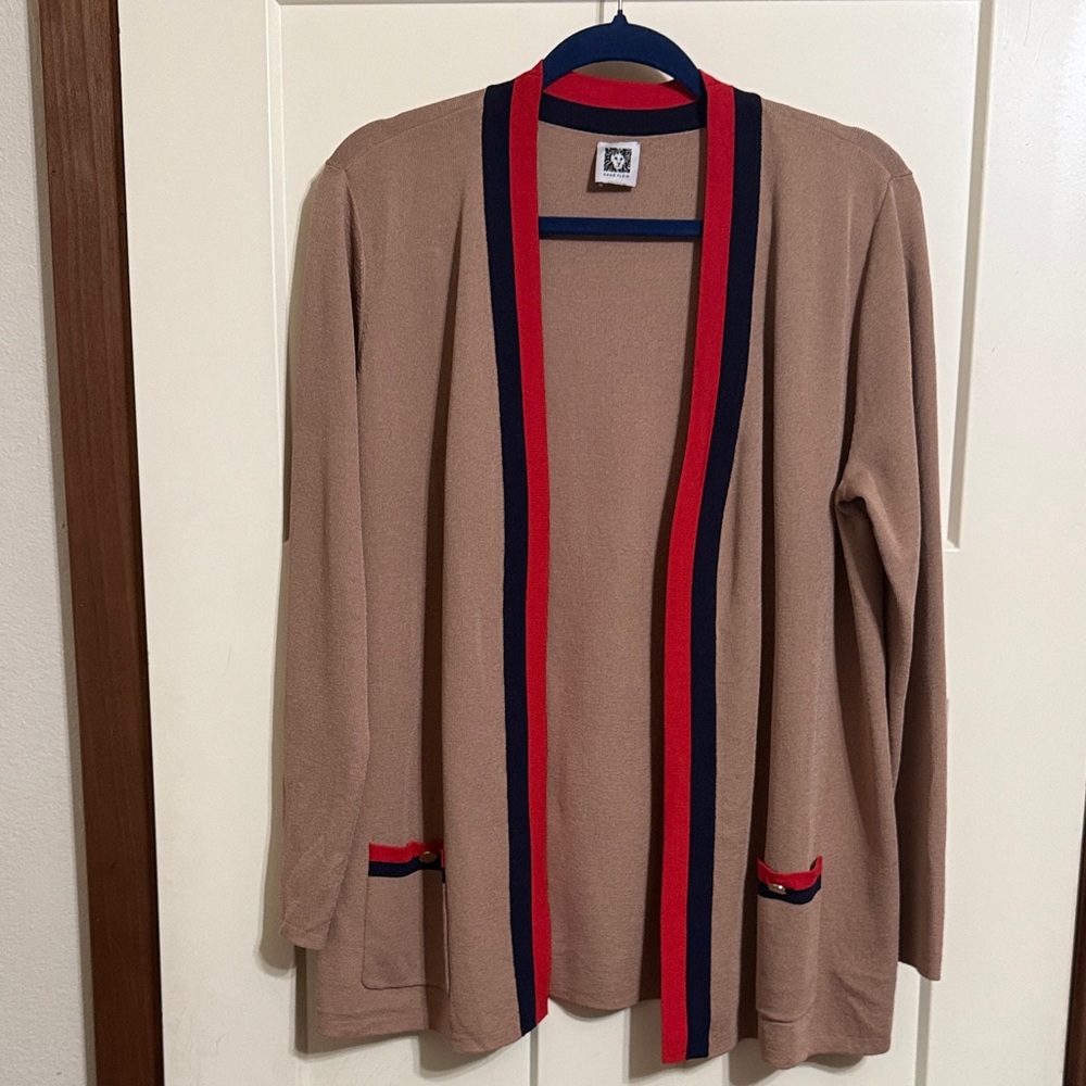 Ann Klein Tan Open Front Cardigan with Red and Blue Trim